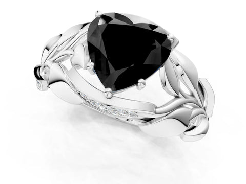 White gold Fancy Black Heart Cut Solitaire Leaf-Inspired Engagement Ring with Prong Setting_1