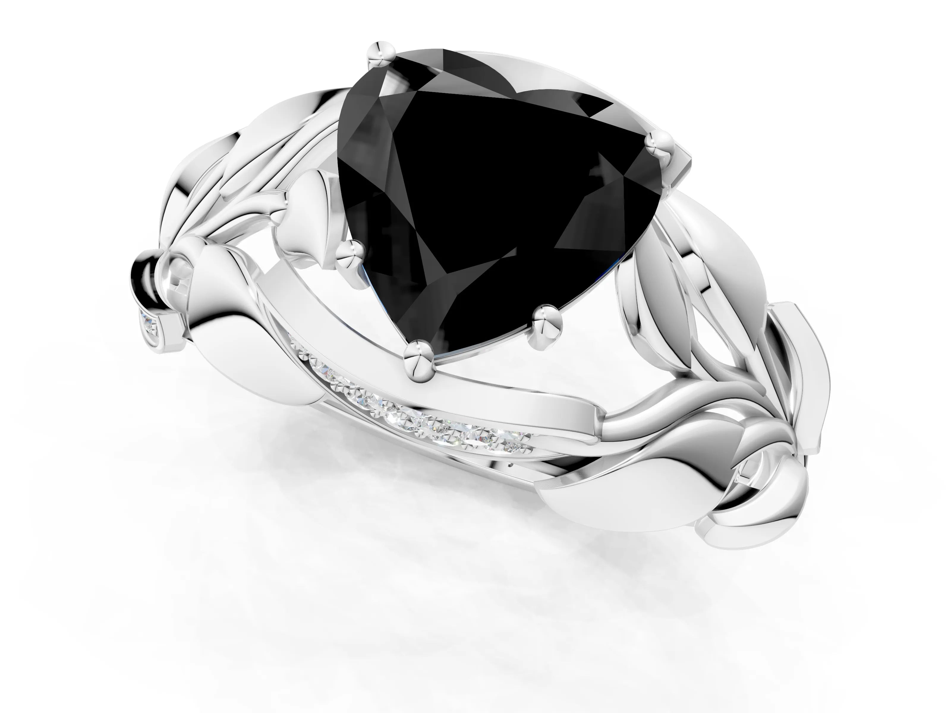 White gold Fancy Black Heart Cut Solitaire Leaf-Inspired Engagement Ring with Prong Setting_1
