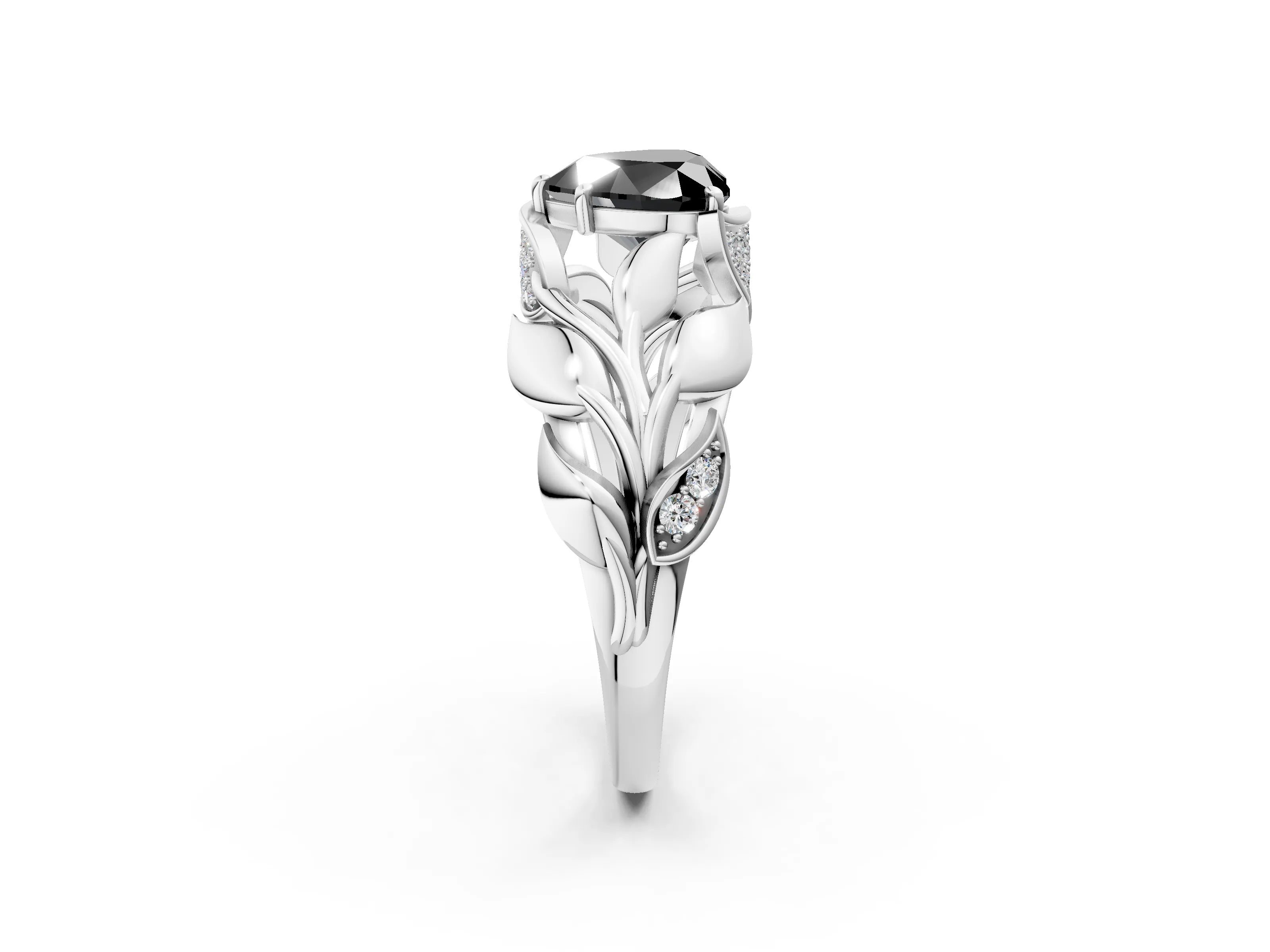 White gold Fancy Black Heart Cut Solitaire Leaf-Inspired Engagement Ring with Prong Setting_2