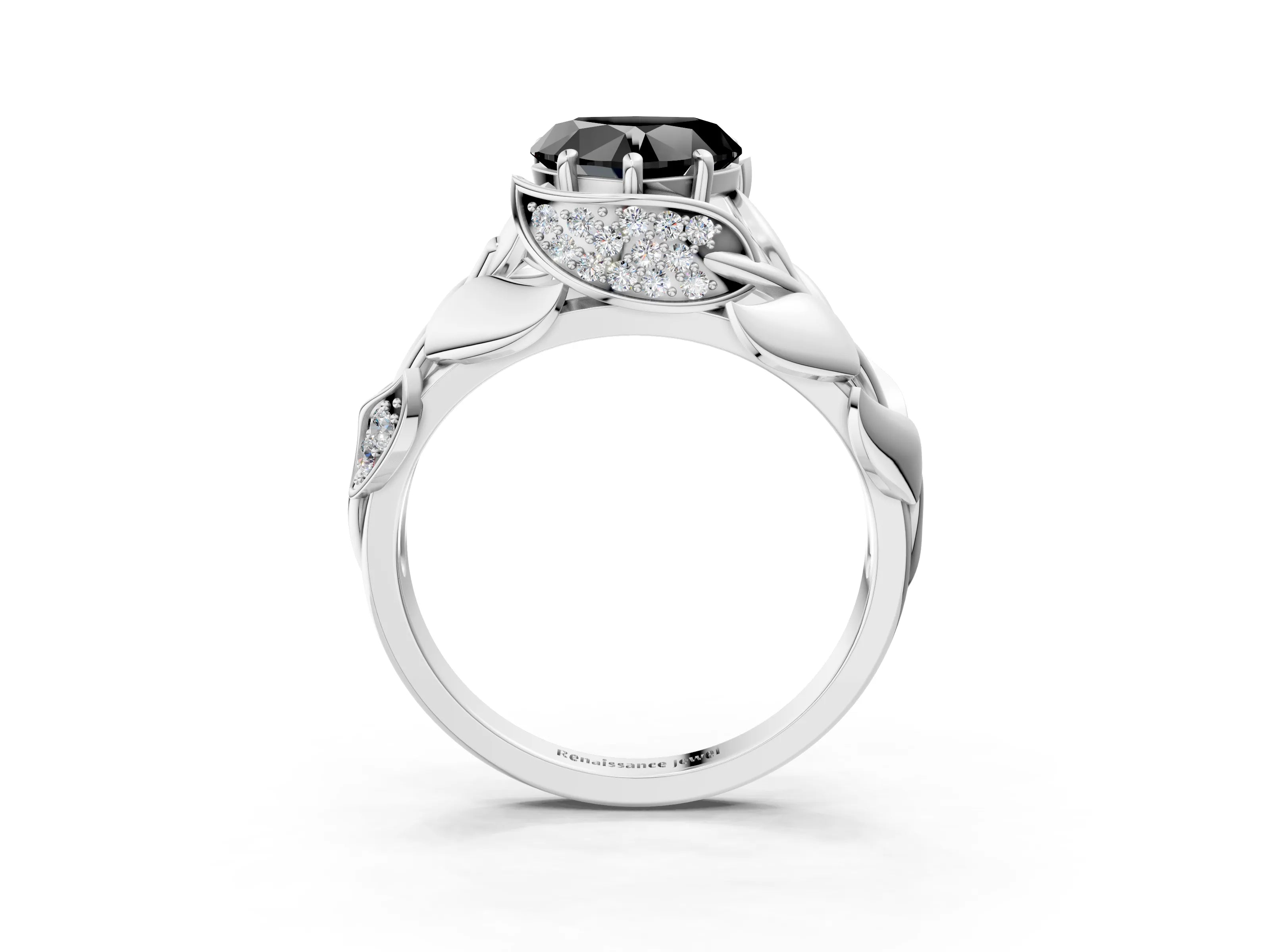 White gold Fancy Black Heart Cut Solitaire Leaf-Inspired Engagement Ring with Prong Setting_3