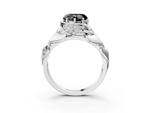 White gold Fancy Black Heart Cut Solitaire Leaf-Inspired Engagement Ring with Prong Setting_3