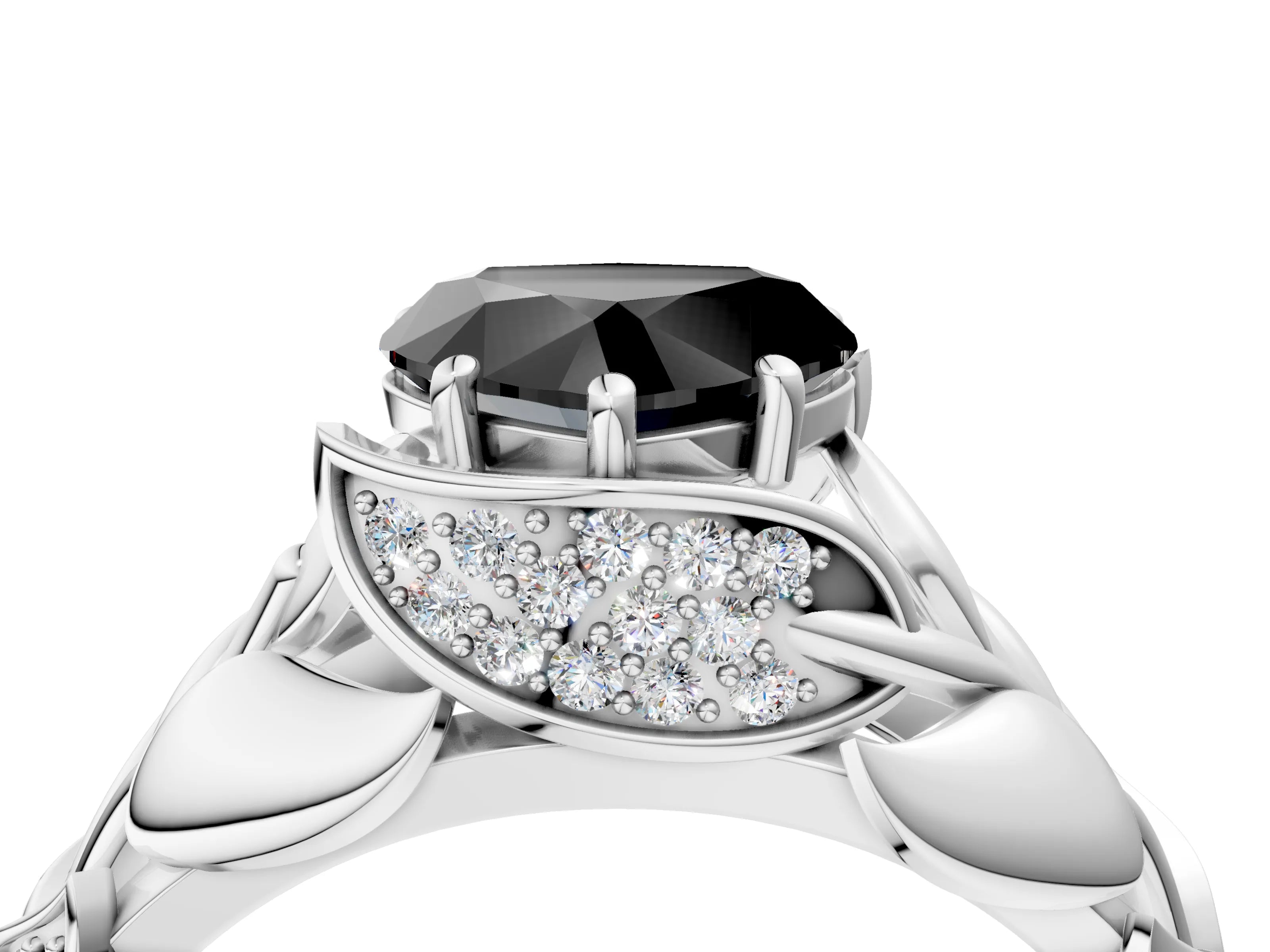 White gold Fancy Black Heart Cut Solitaire Leaf-Inspired Engagement Ring with Prong Setting_4