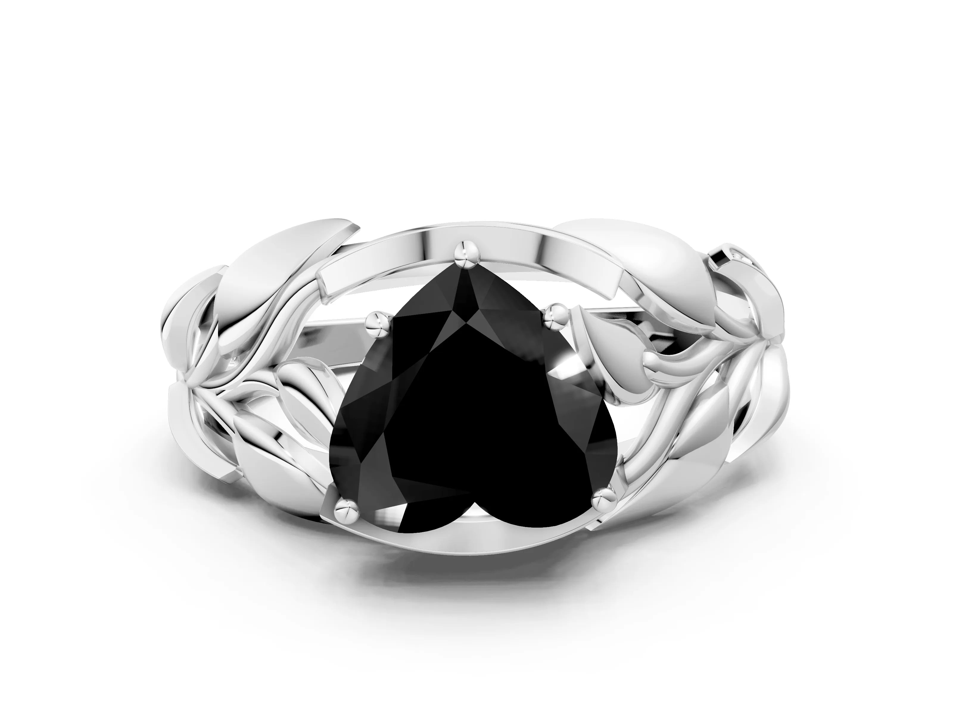 White gold Fancy Black Heart Cut Solitaire Leaf-Inspired Engagement Ring with Prong Setting