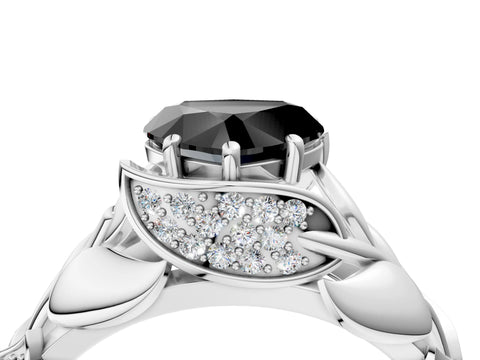 White gold Fancy Black Heart Cut Solitaire Leaf-Inspired Engagement Ring with Prong Setting_4