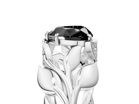 White gold Fancy Black Heart Cut Solitaire Leaf-Inspired Engagement Ring with Prong Setting_5