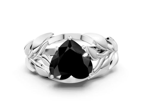 White gold Fancy Black Heart Cut Solitaire Leaf-Inspired Engagement Ring with Prong Setting