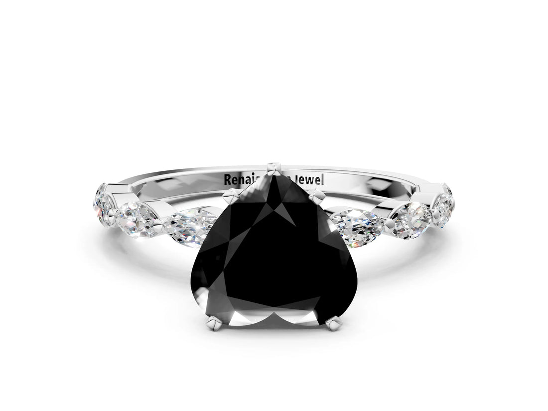 White gold Fancy Black Heart Cut Solitaire Marquise Side Stone Prong Setting Ring