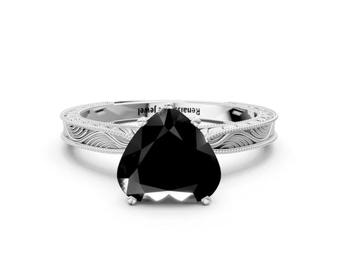White gold Fancy Black Heart Cut Solitaire Milgrain Engraved Band with Four-Prong Setting_12