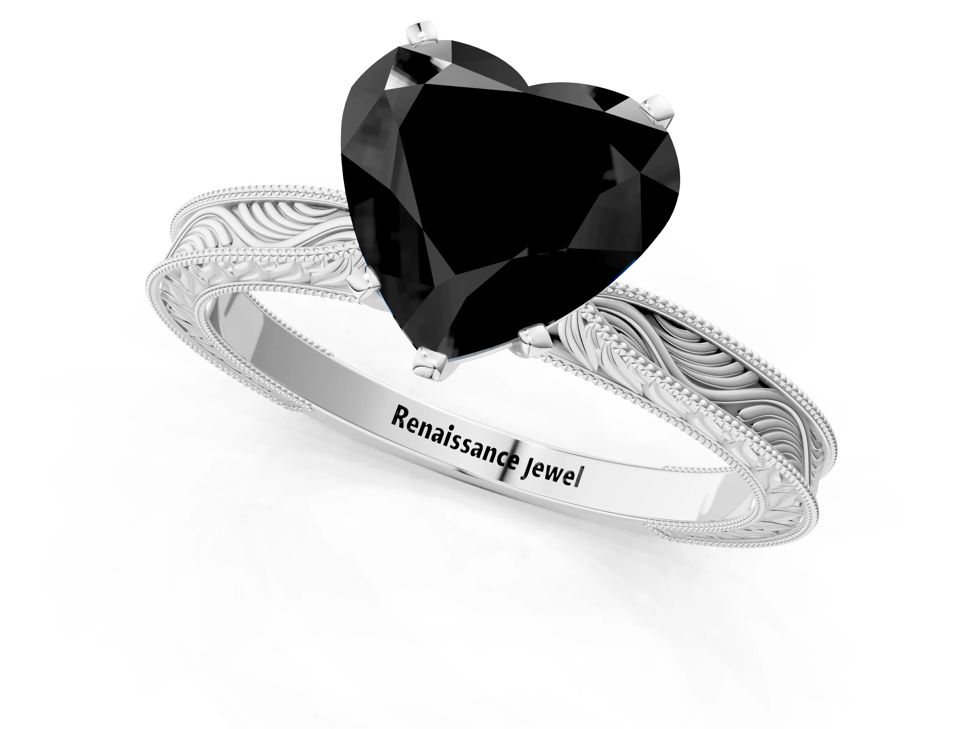 White gold Fancy Black Heart Cut Solitaire Milgrain Engraved Band with Four-Prong Setting_13