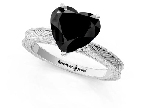 White gold Fancy Black Heart Cut Solitaire Milgrain Engraved Band with Four-Prong Setting_13