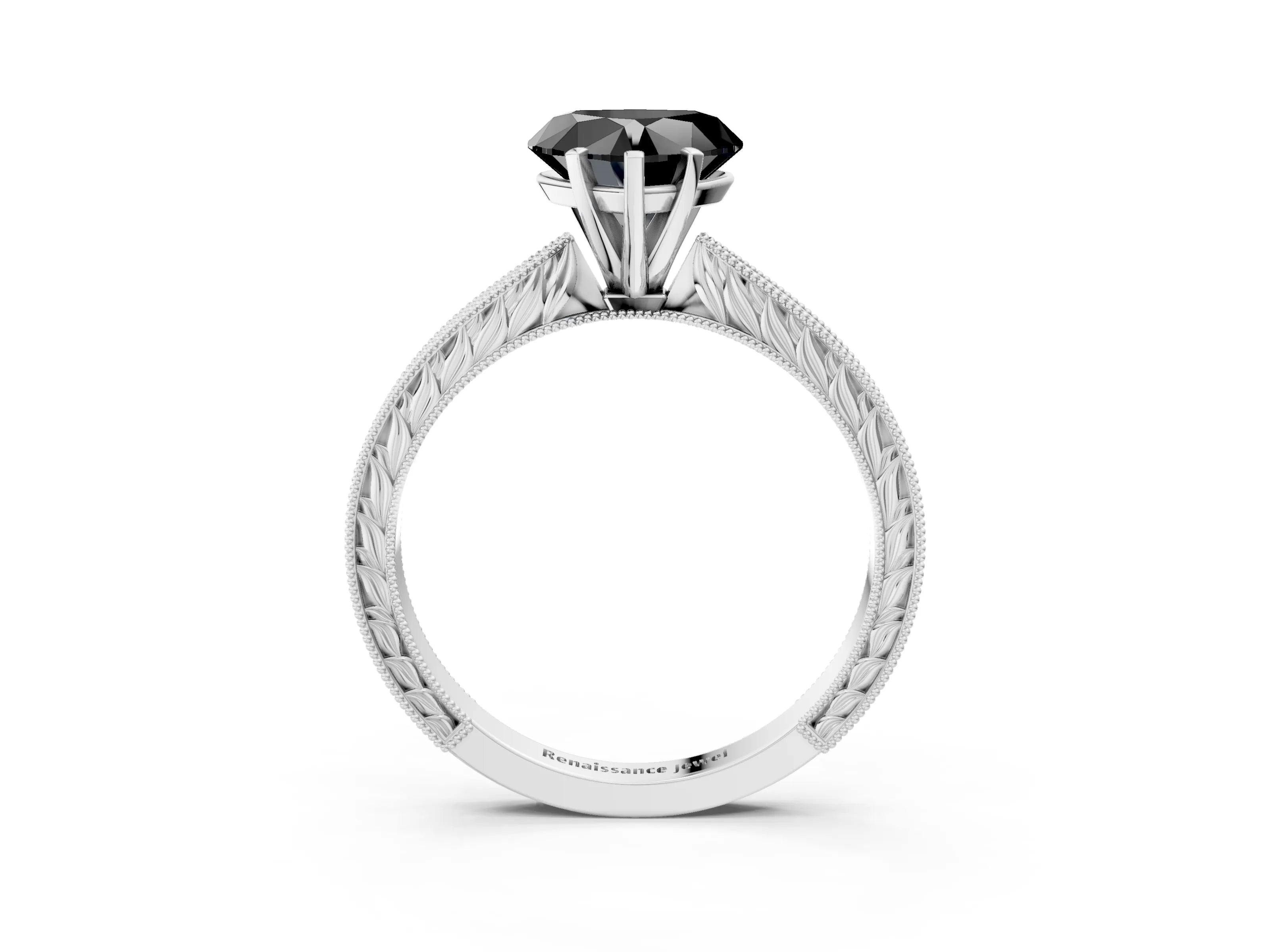 White gold Fancy Black Heart Cut Solitaire Milgrain Engraved Band with Four-Prong Setting_15