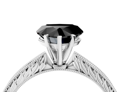White gold Fancy Black Heart Cut Solitaire Milgrain Engraved Band with Four-Prong Setting_16