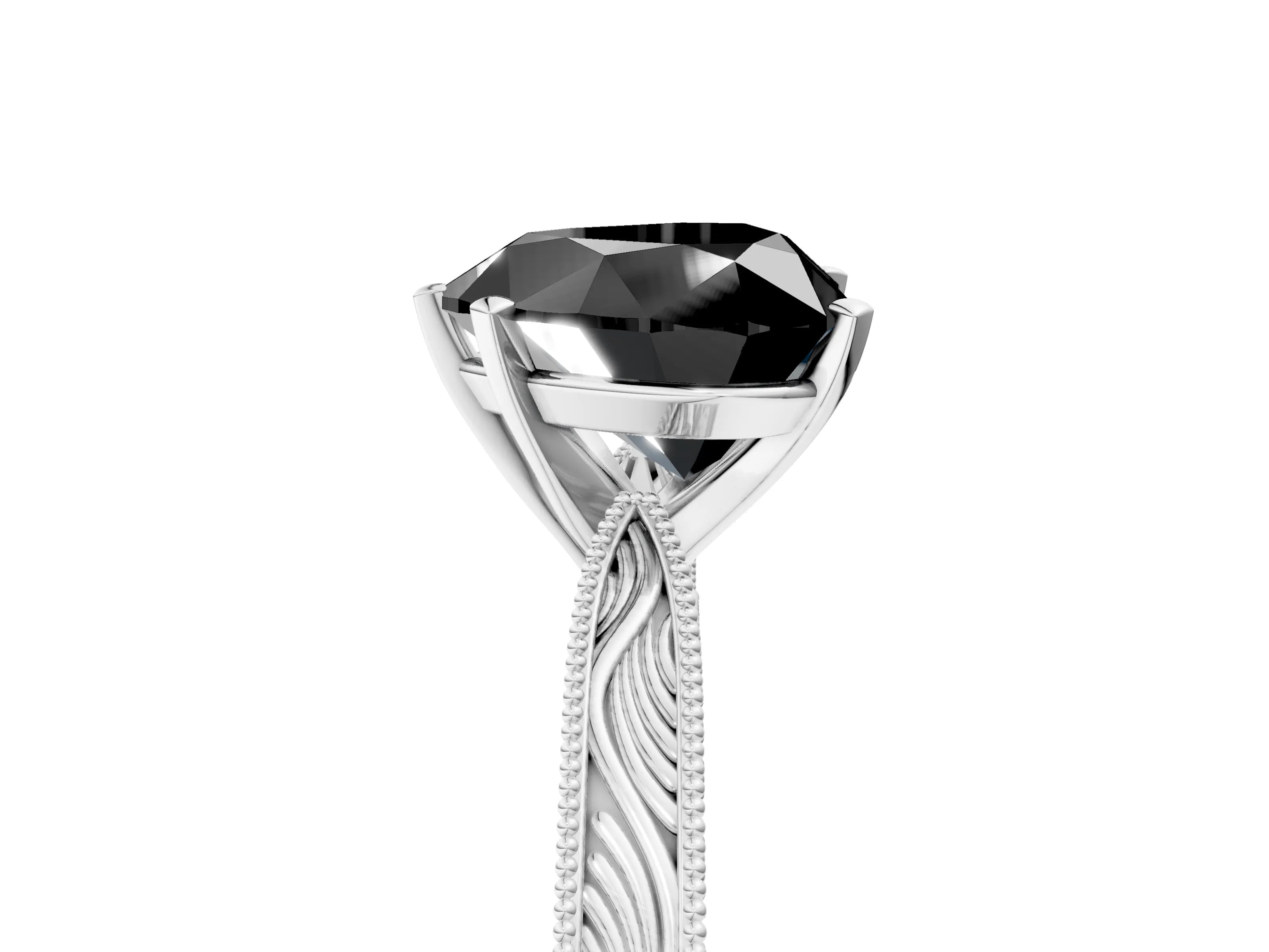 White gold Fancy Black Heart Cut Solitaire Milgrain Engraved Band with Four-Prong Setting_17