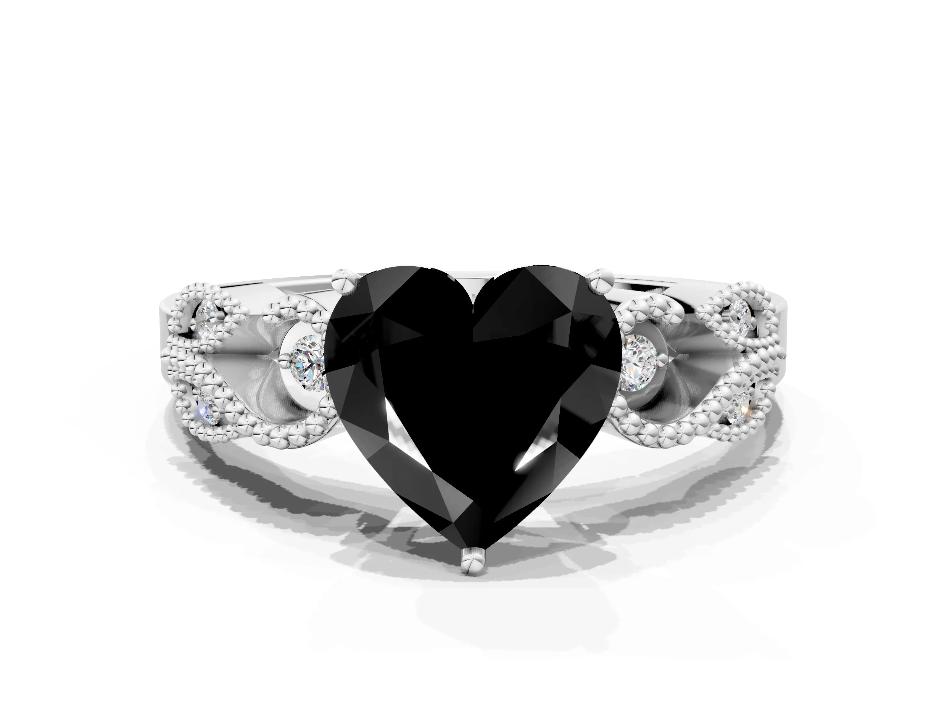 White gold Fancy Black Heart Cut Solitaire Milgrain Leaf Band with Prong Setting_12
