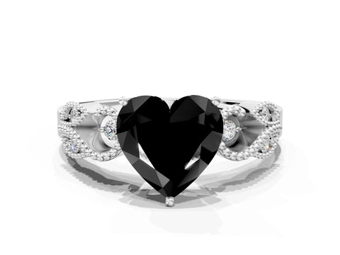 White gold Fancy Black Heart Cut Solitaire Milgrain Leaf Band with Prong Setting_12