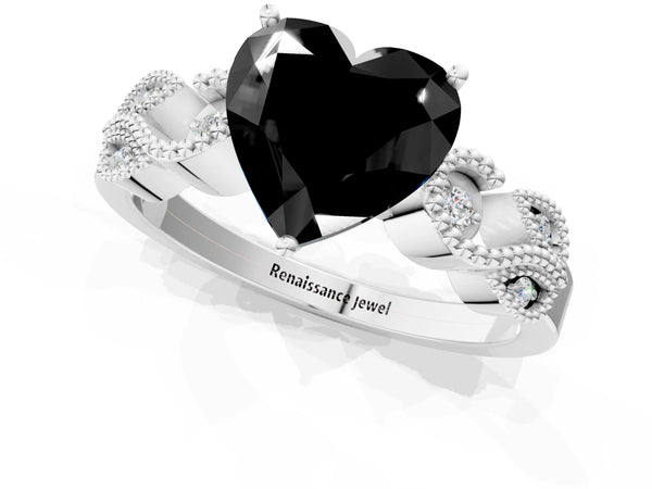 Platinum Heart-Shaped Vintage Solitaire Engagement Ring Setting for Black Center