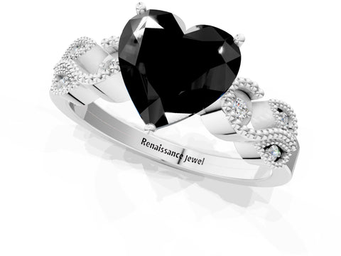 White gold Fancy Black Heart Cut Solitaire Milgrain Leaf Band with Prong Setting_13