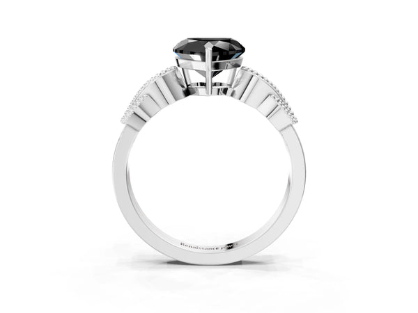 Platinum Heart-Shaped Vintage Solitaire Engagement Ring Setting for Black Center