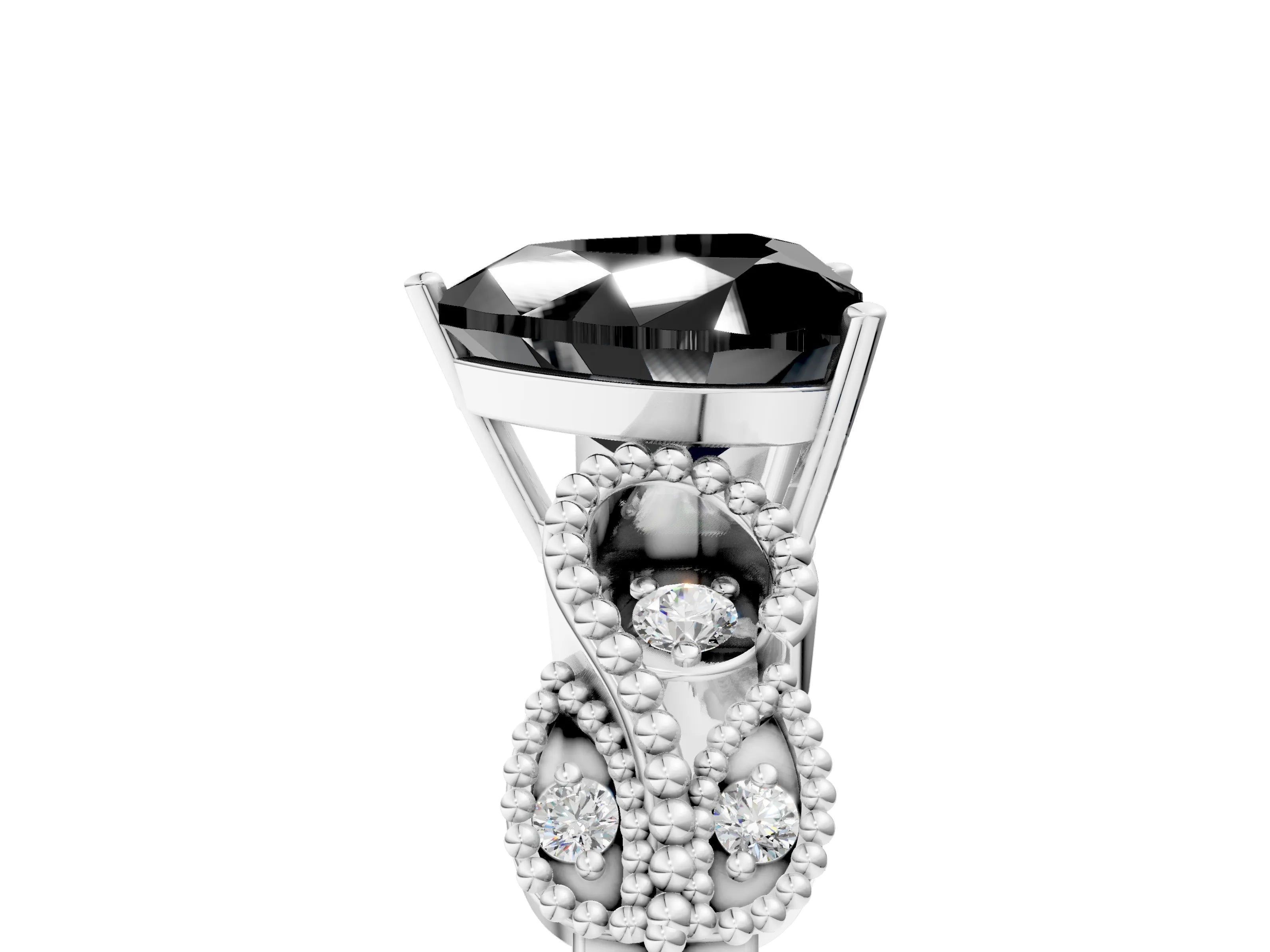 White gold Fancy Black Heart Cut Solitaire Milgrain Leaf Band with Prong Setting_17