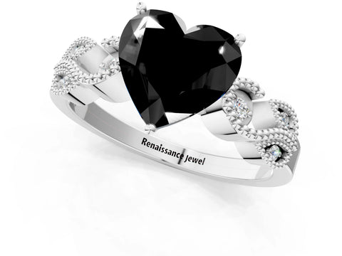 White gold Fancy Black Heart Cut Solitaire Milgrain Leaf Band with Prong Setting_1