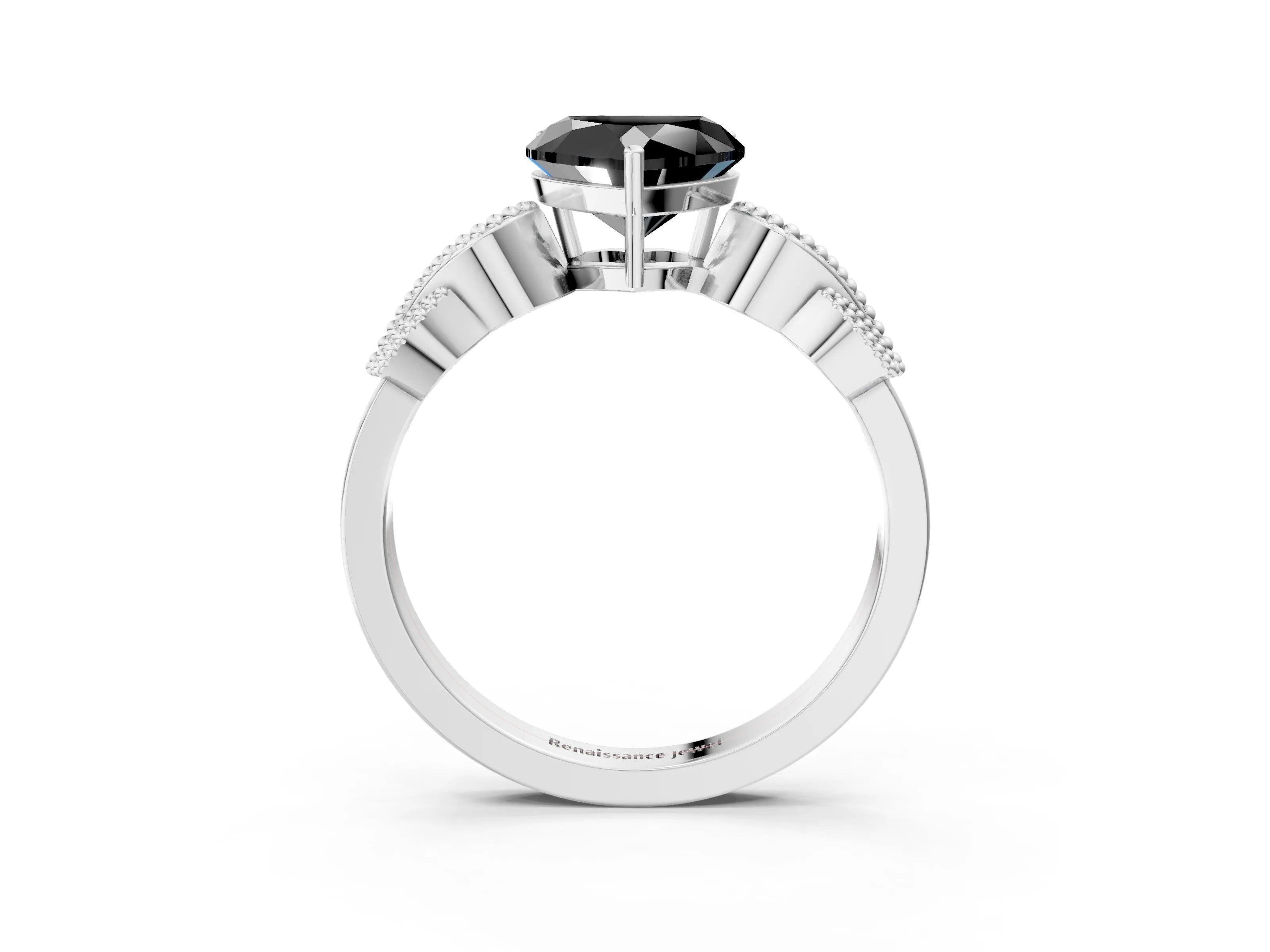 White gold Fancy Black Heart Cut Solitaire Milgrain Leaf Band with Prong Setting_3