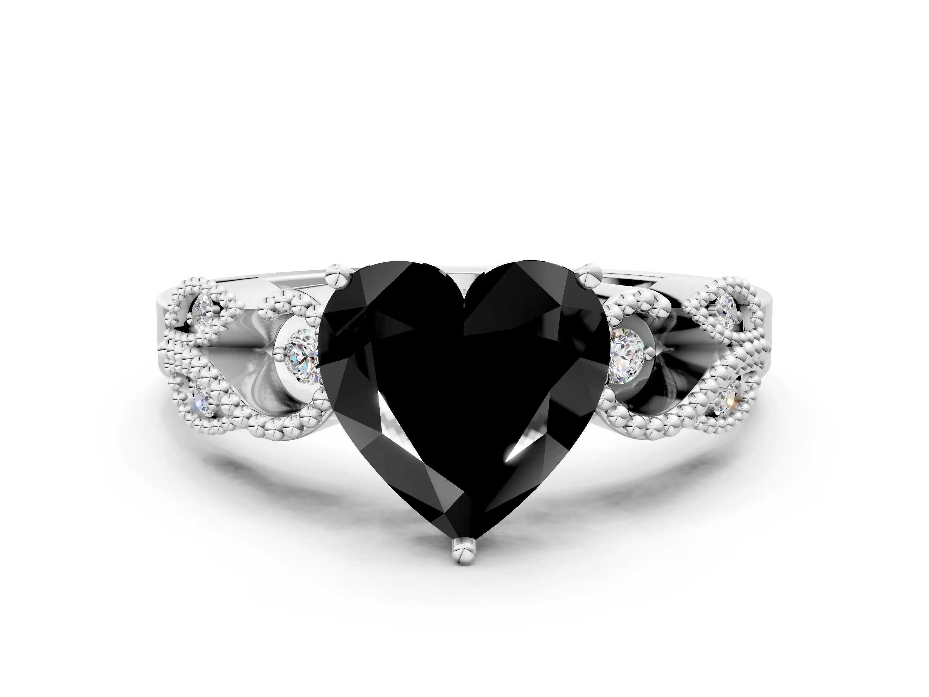 White gold Fancy Black Heart Cut Solitaire Milgrain Leaf Band with Prong Setting