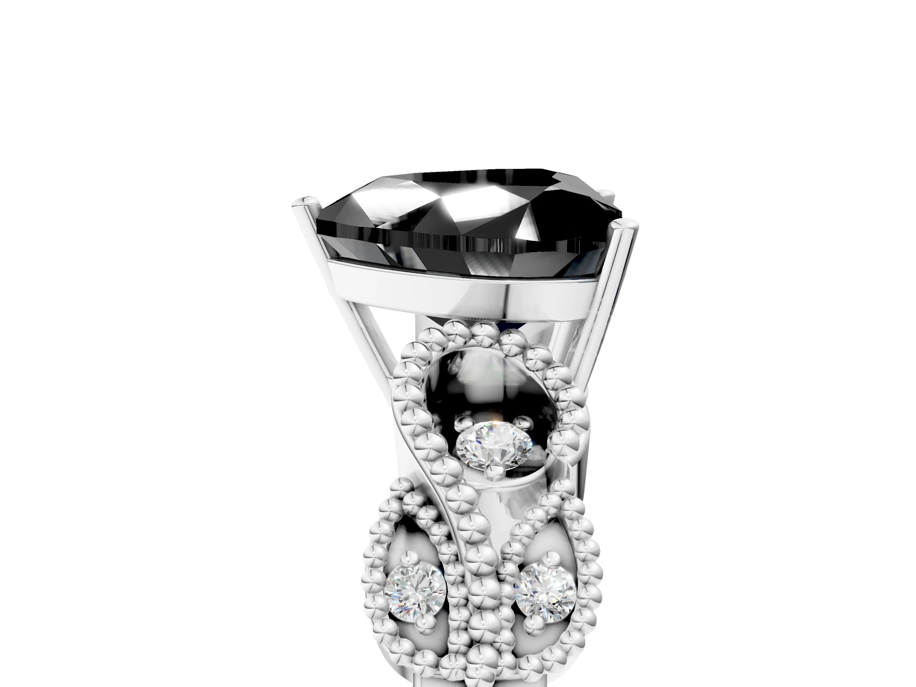 White gold Fancy Black Heart Cut Solitaire Milgrain Leaf Band with Prong Setting_5