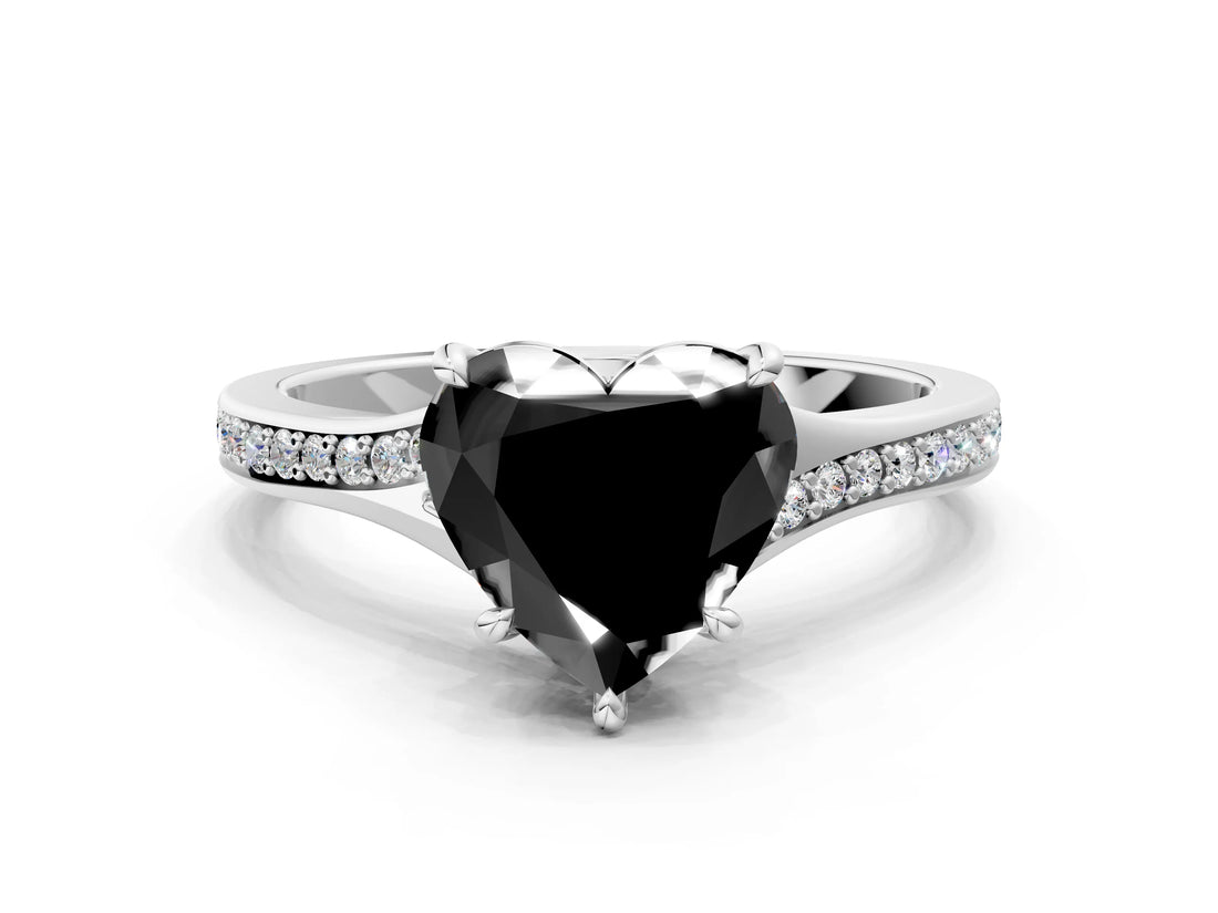 White gold Fancy Black Heart Cut Solitaire Pavé Band with Four-Prong Setting