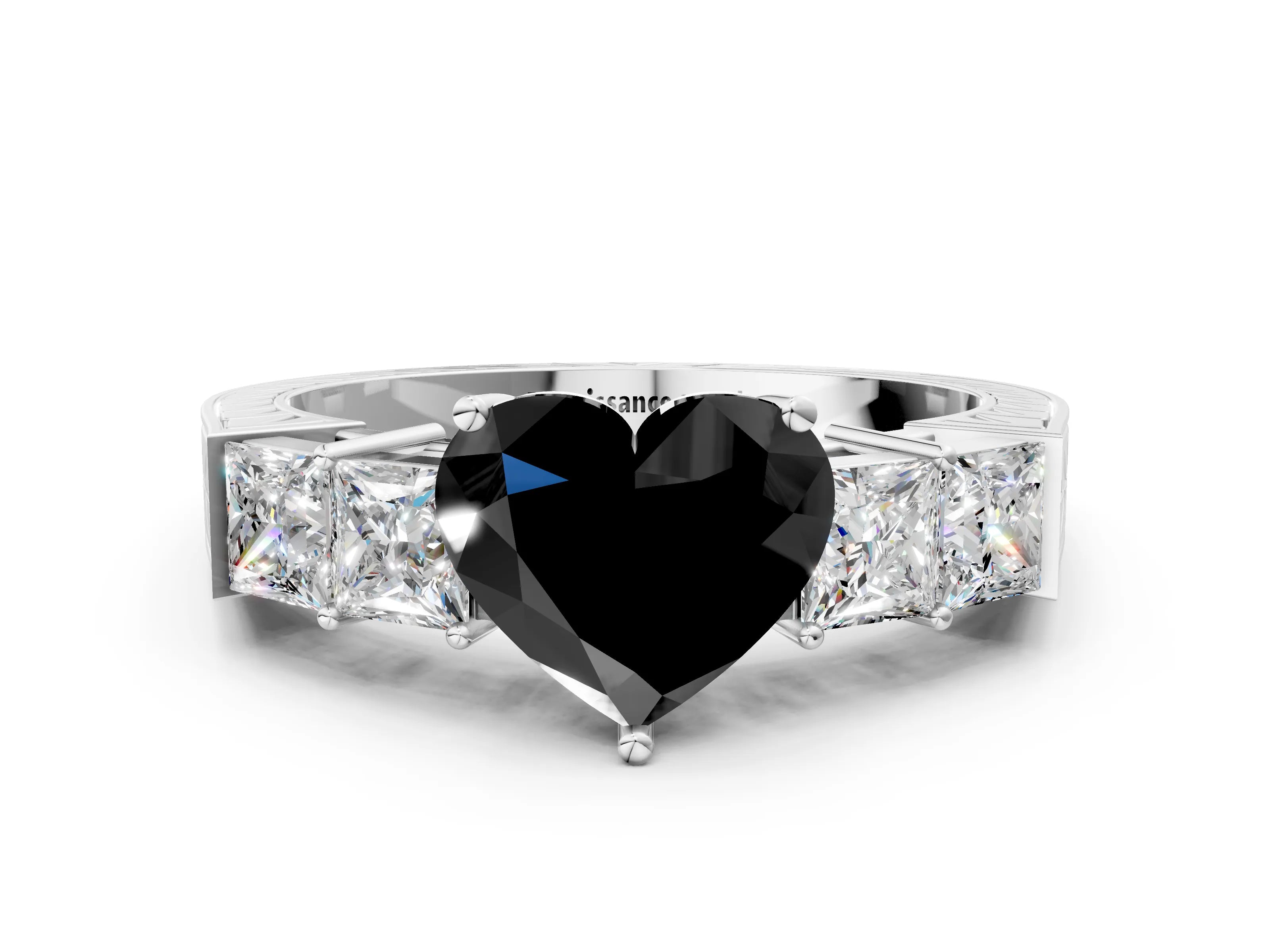 White gold Fancy Black Heart Cut Solitaire Princess Side Stone Engraved Band Prong Setting Ring_12