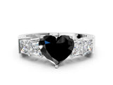 White gold Fancy Black Heart Cut Solitaire Princess Side Stone Engraved Band Prong Setting Ring_12