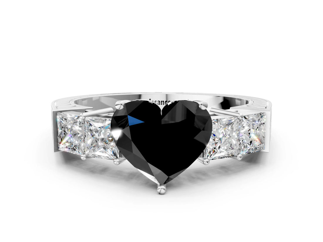 White gold Fancy Black Heart Cut Solitaire Princess Side Stone Engraved Band Prong Setting Ring_12