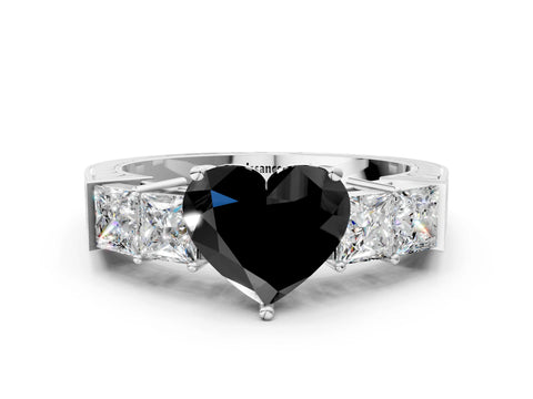 White gold Fancy Black Heart Cut Solitaire Princess Side Stone Engraved Band Prong Setting Ring_12