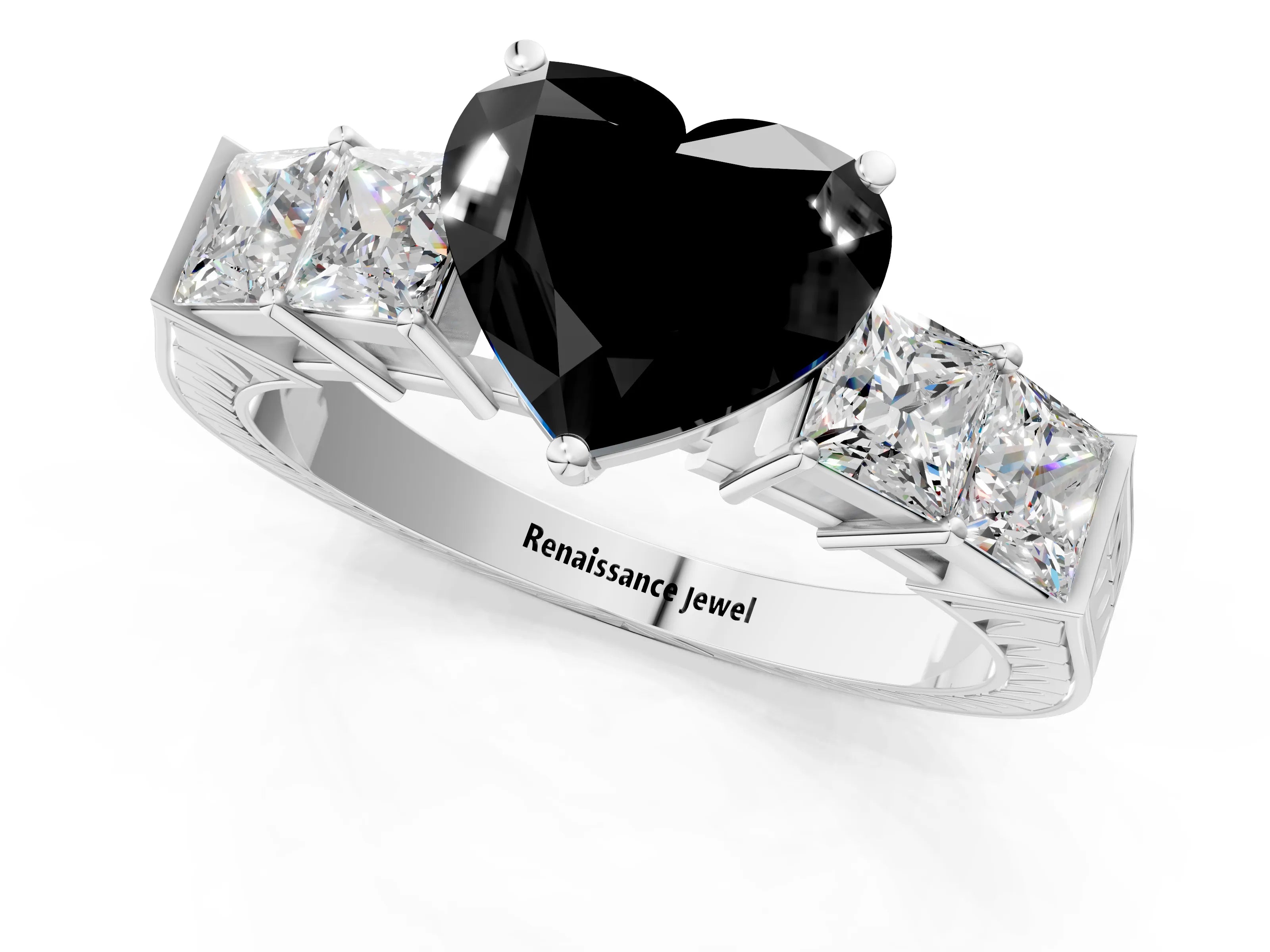 White gold Fancy Black Heart Cut Solitaire Princess Side Stone Engraved Band Prong Setting Ring_13