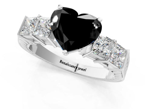 White gold Fancy Black Heart Cut Solitaire Princess Side Stone Engraved Band Prong Setting Ring_13
