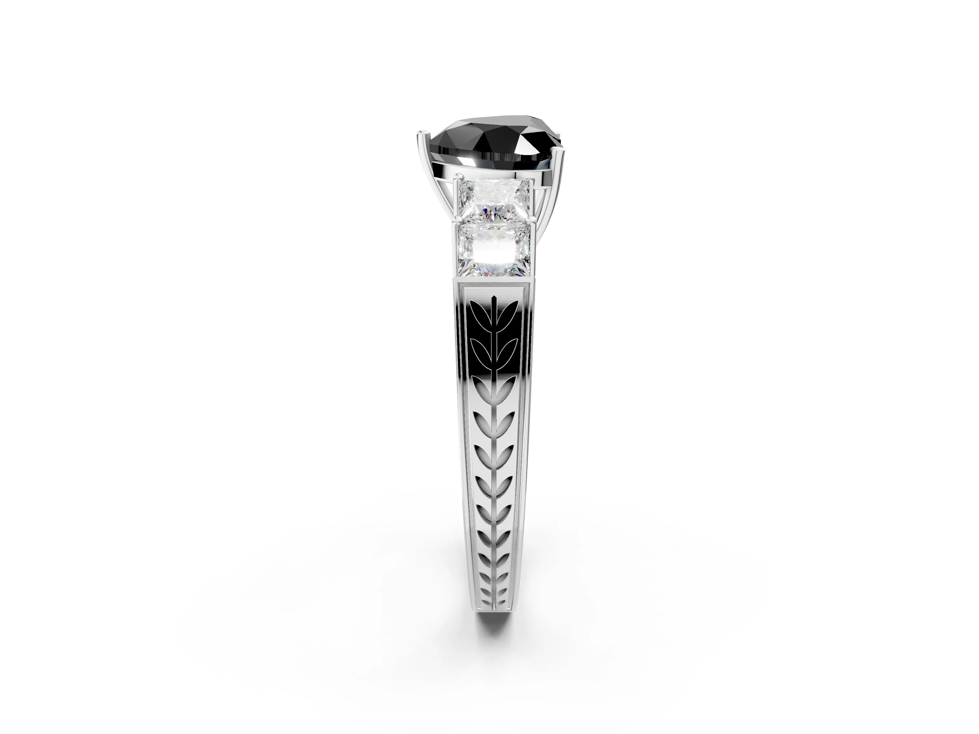 White gold Fancy Black Heart Cut Solitaire Princess Side Stone Engraved Band Prong Setting Ring_14