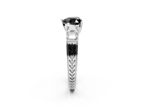 White gold Fancy Black Heart Cut Solitaire Princess Side Stone Engraved Band Prong Setting Ring_14