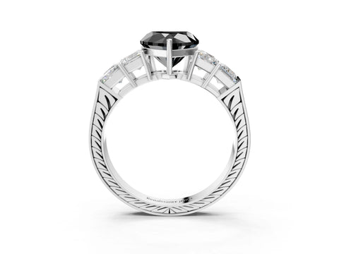 White gold Fancy Black Heart Cut Solitaire Princess Side Stone Engraved Band Prong Setting Ring_15