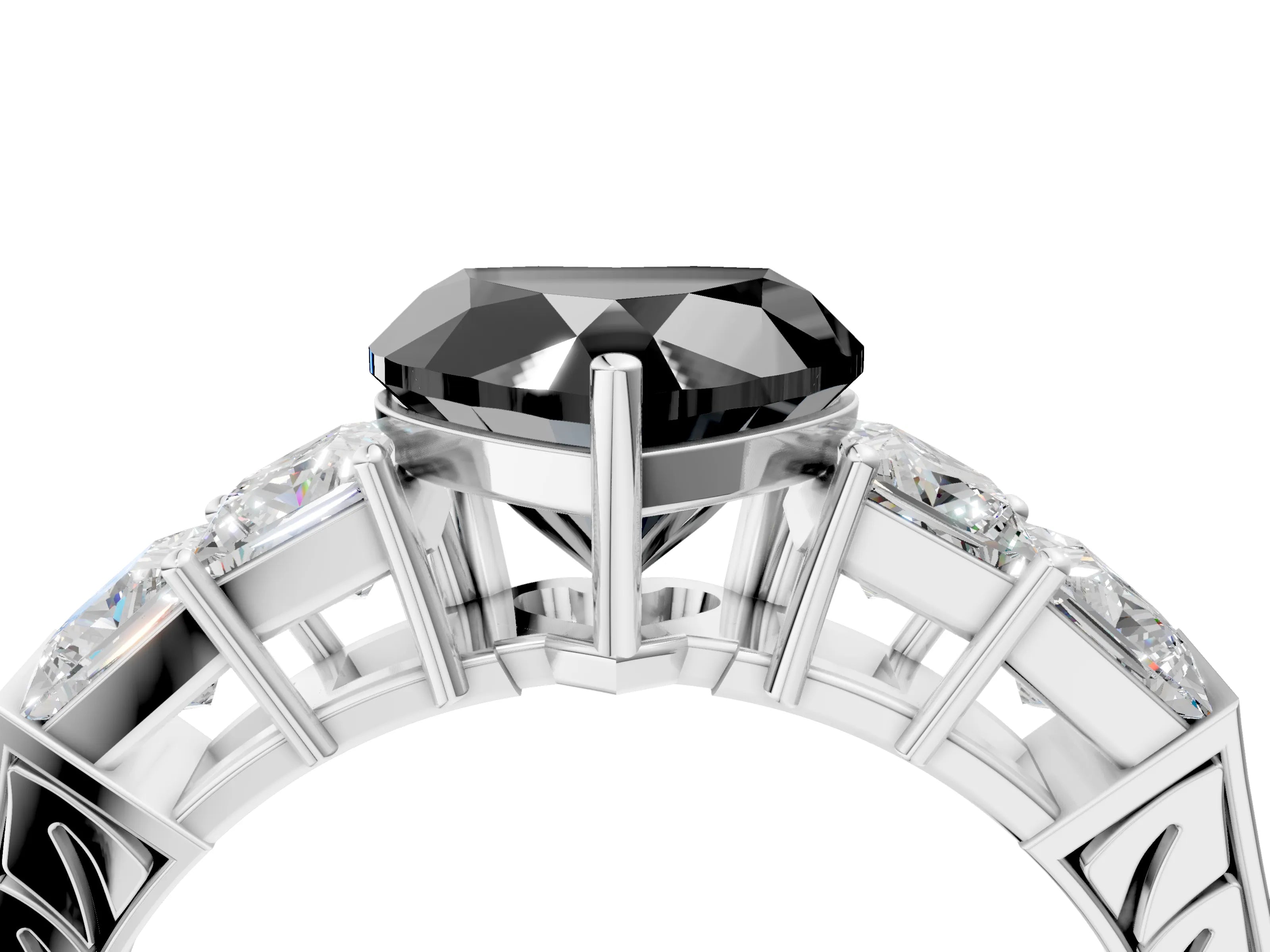 White gold Fancy Black Heart Cut Solitaire Princess Side Stone Engraved Band Prong Setting Ring_16