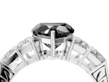 White gold Fancy Black Heart Cut Solitaire Princess Side Stone Engraved Band Prong Setting Ring_16