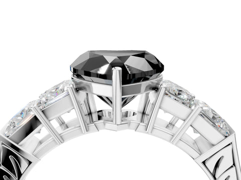 White gold Fancy Black Heart Cut Solitaire Princess Side Stone Engraved Band Prong Setting Ring_16
