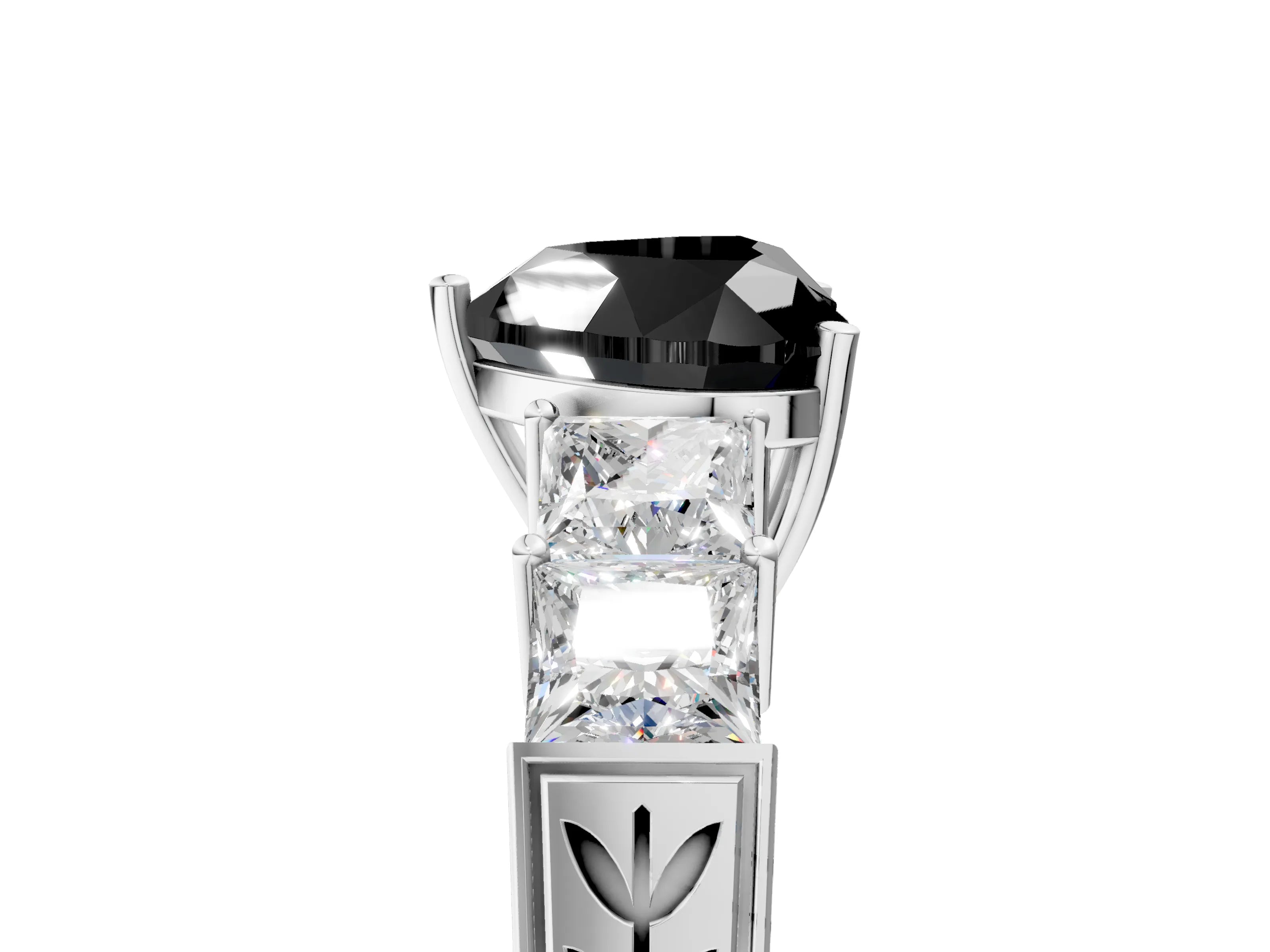 White gold Fancy Black Heart Cut Solitaire Princess Side Stone Engraved Band Prong Setting Ring_17