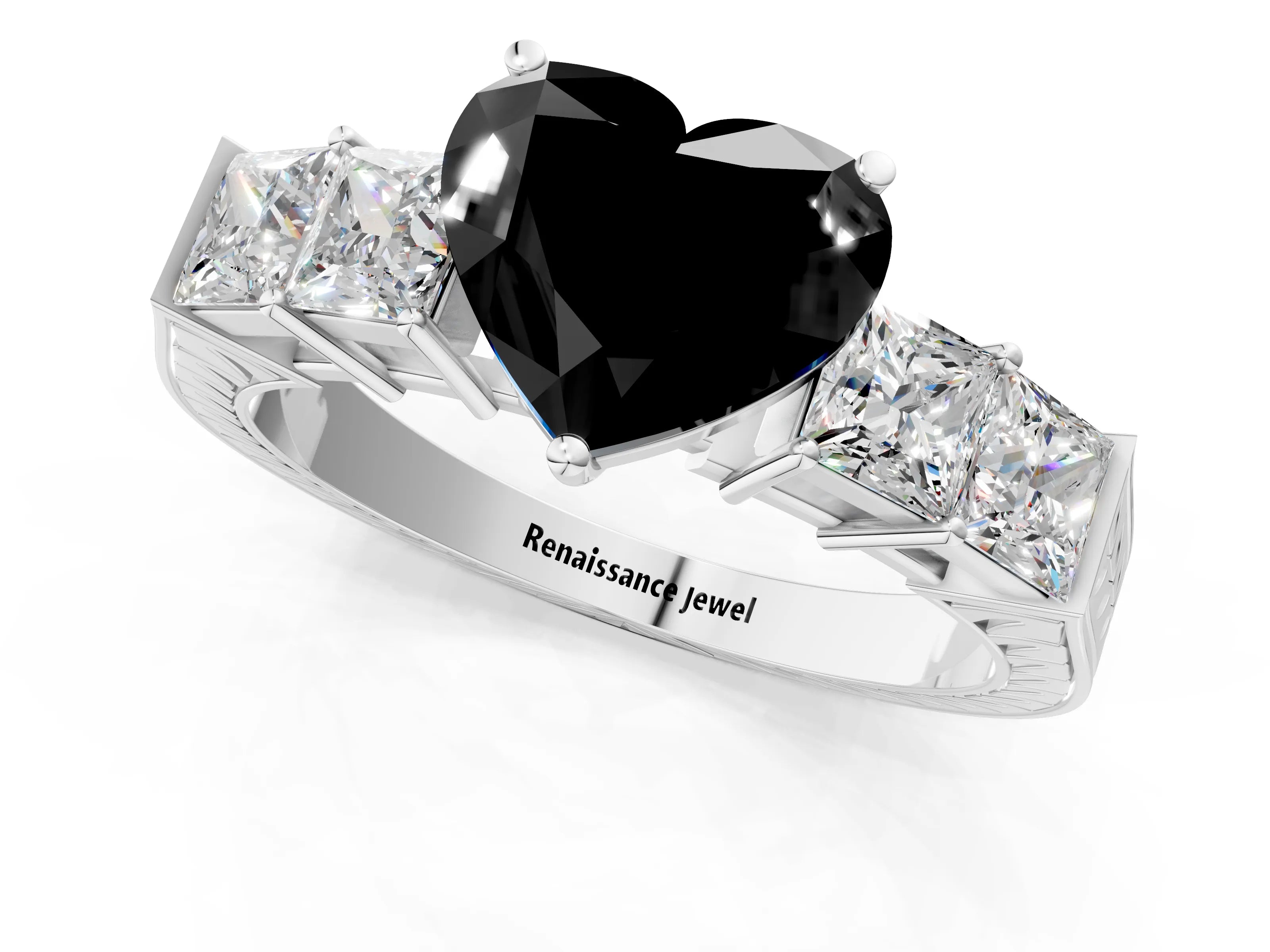 White gold Fancy Black Heart Cut Solitaire Princess Side Stone Engraved Band Prong Setting Ring_1