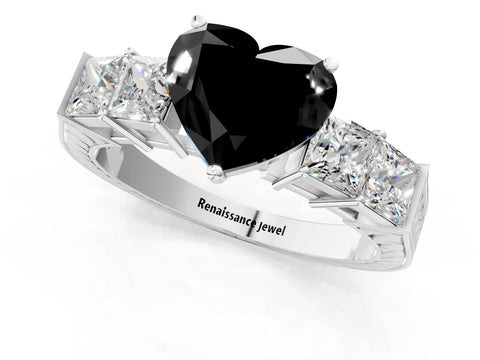 White gold Fancy Black Heart Cut Solitaire Princess Side Stone Engraved Band Prong Setting Ring_1