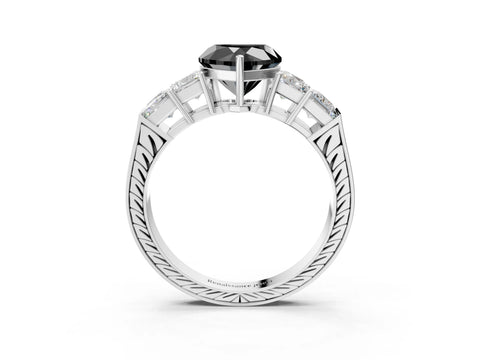 White gold Fancy Black Heart Cut Solitaire Princess Side Stone Engraved Band Prong Setting Ring_3