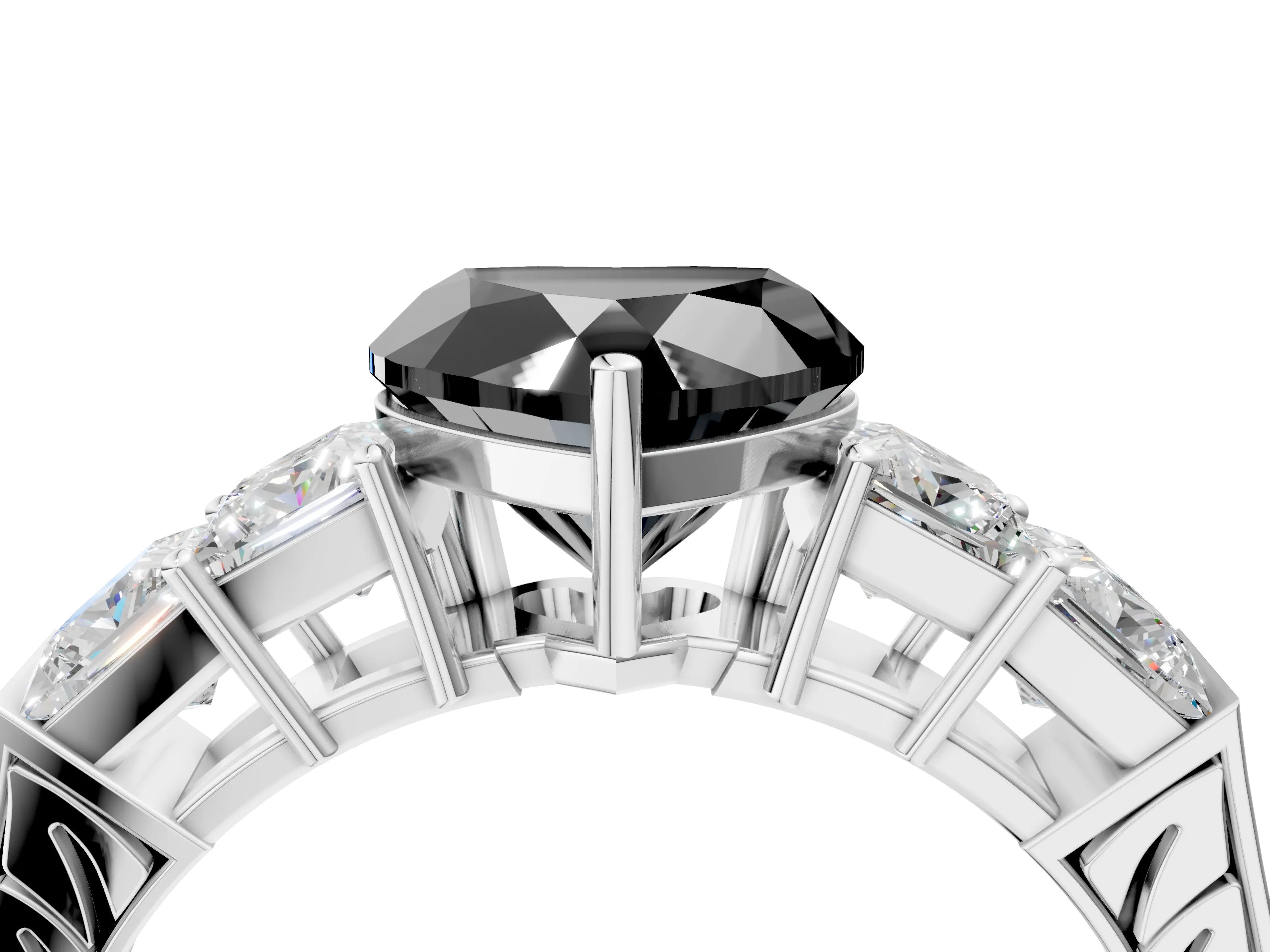 White gold Fancy Black Heart Cut Solitaire Princess Side Stone Engraved Band Prong Setting Ring_4