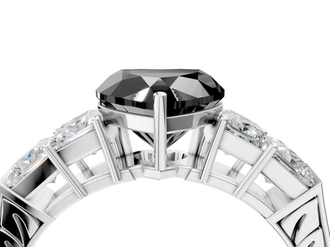 White gold Fancy Black Heart Cut Solitaire Princess Side Stone Engraved Band Prong Setting Ring_4