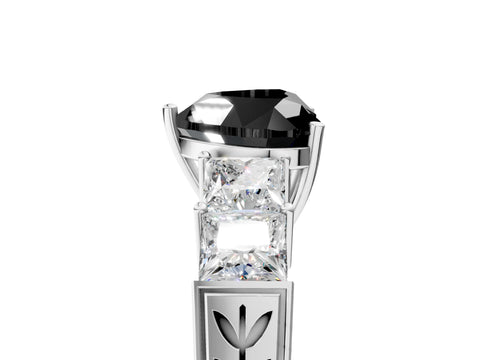 White gold Fancy Black Heart Cut Solitaire Princess Side Stone Engraved Band Prong Setting Ring_5