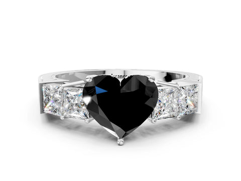 White gold Fancy Black Heart Cut Solitaire Princess Side Stone Engraved Band Prong Setting Ring