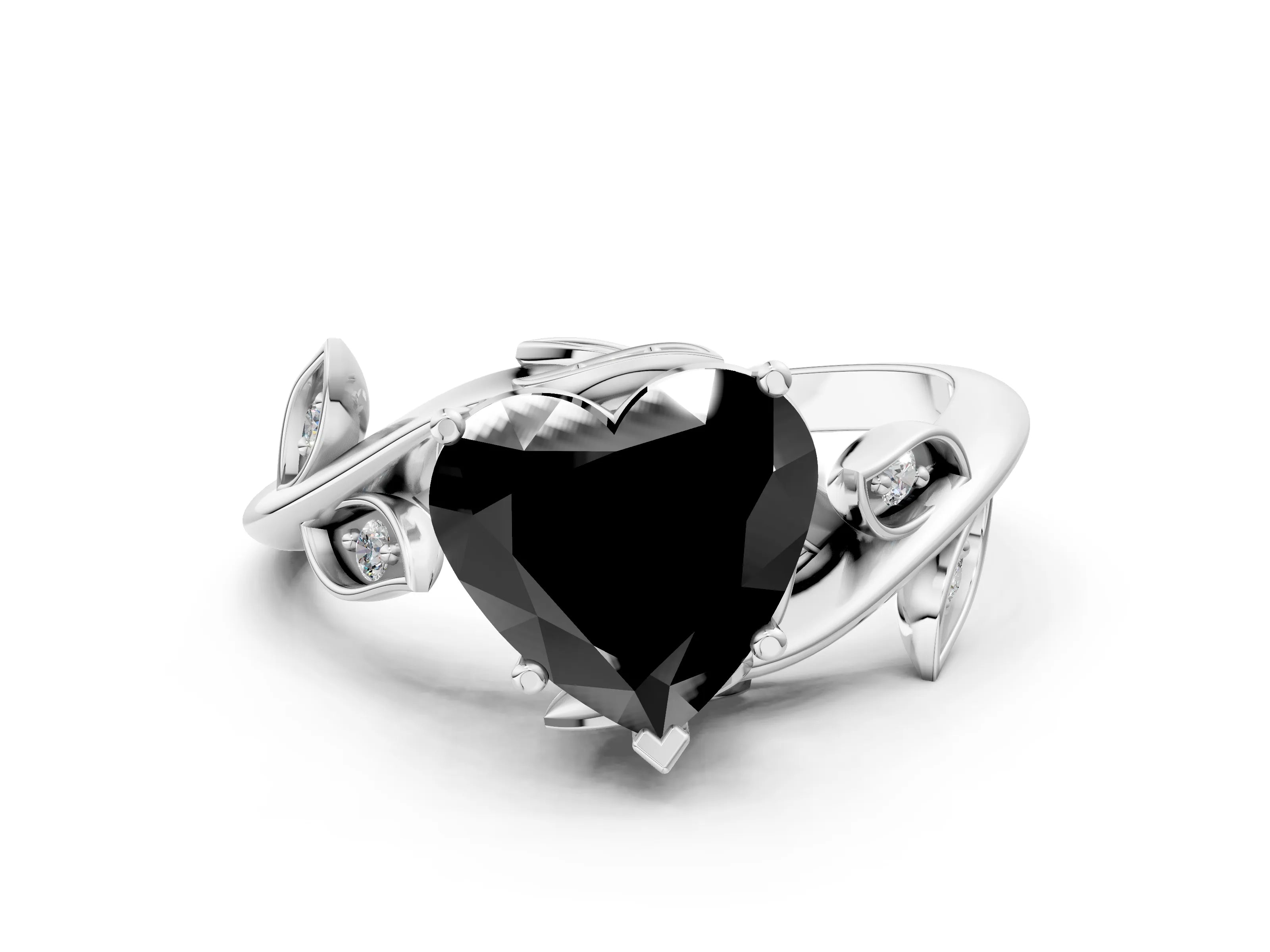 White gold Fancy Black Heart Cut Solitaire Twist Engagement Ring with Leaf Accents and Prong Setting