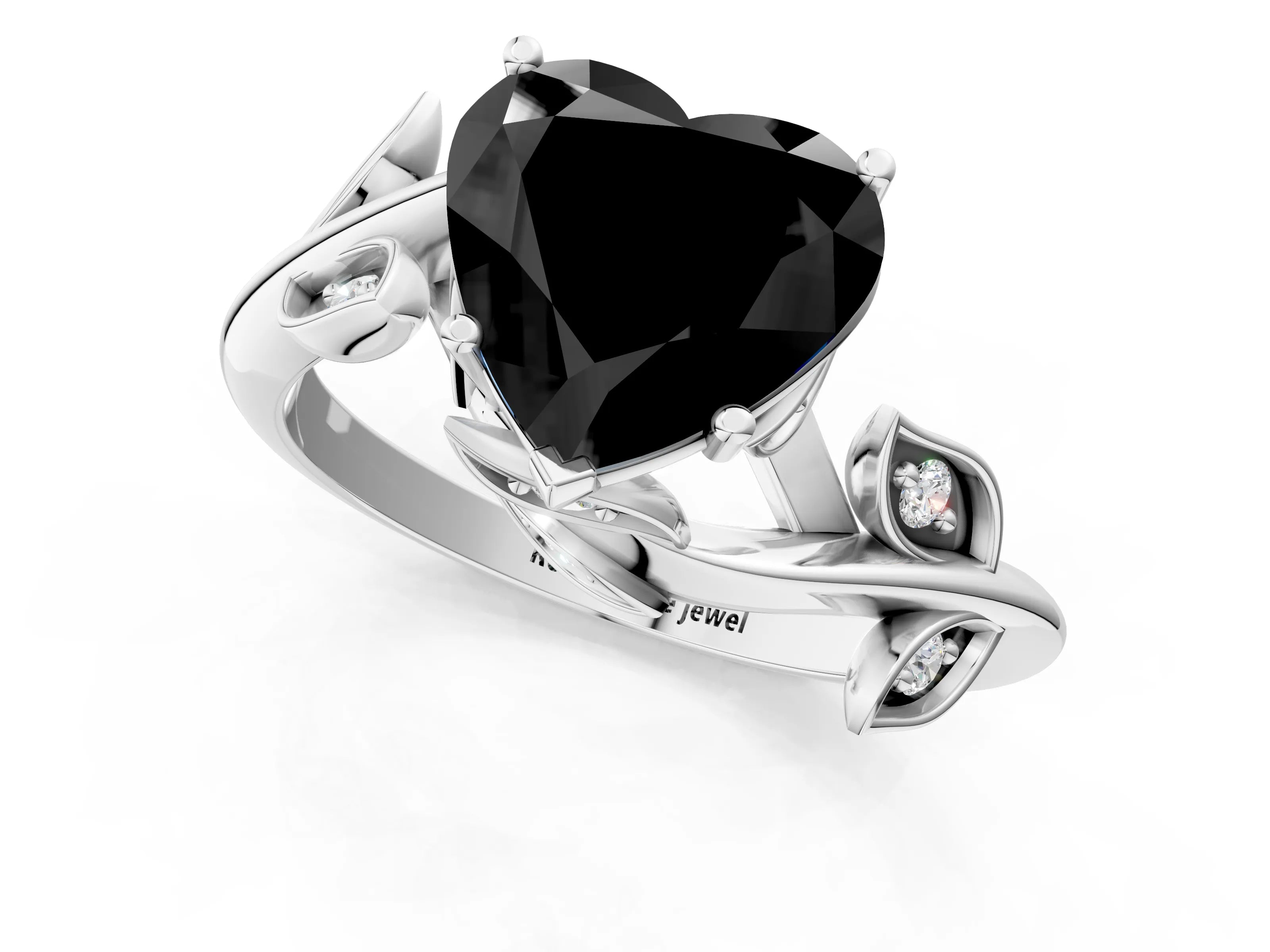 White gold Fancy Black Heart Cut Solitaire Twist Engagement Ring with Leaf Accents and Prong Setting_13